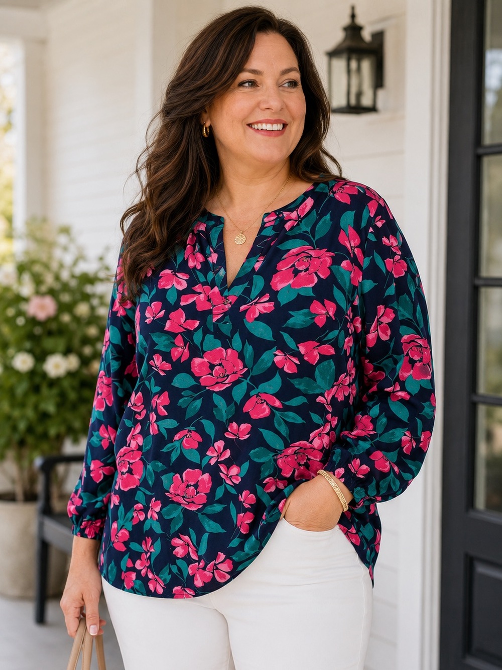 Talbots Woman 3X Navy Pink Floral Split Neck Blouse Plus Size Rayon Top